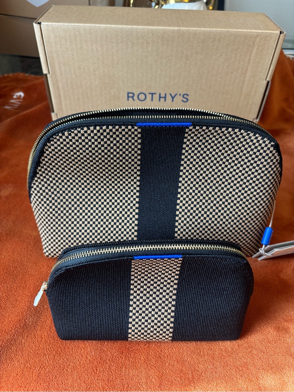 Rothy's Black and Tan Check Mini Toiletry Pouches with Blue Accents